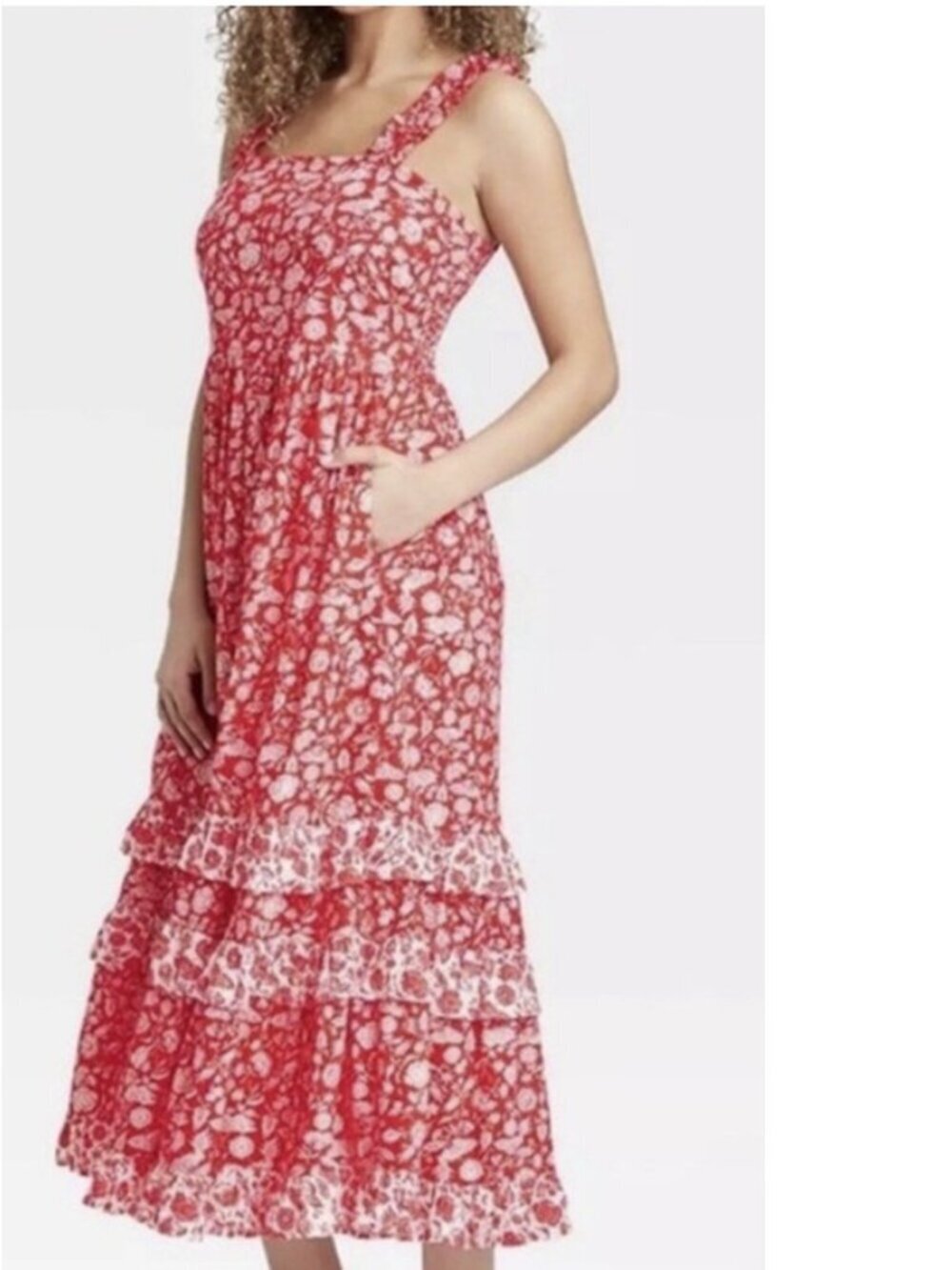 Universal Thread Floral Smocked Tiered Boho Red And White Tank Midi Dress Size S